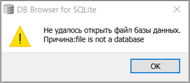 Рис. 3. Попытка открытия файла базы данных в DB Browser for SQLite.